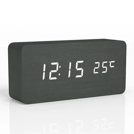 Digitale Houten Wekker Met LED Display En Modern Ontwerp Zwart