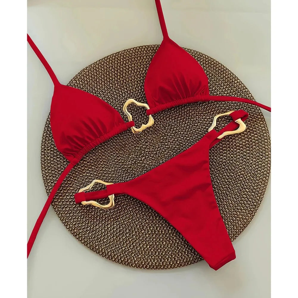 Dames Bikini Set Nylon Met Split En Veters Rood