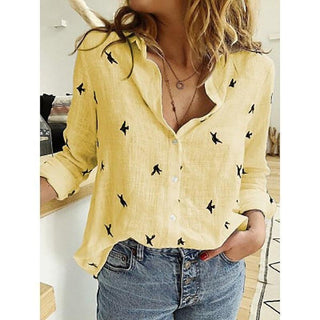 Valoria - Casual Blouse | Een Stoere & Luchtige Damesblouse Geel (met vogeltjes)
