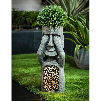 Abstract Gezichtsvorm Bloempot met Zonne-LED Licht – Weerbestendige Plantenbak voor Buiten, Decoratief Tuinbeeld Zien