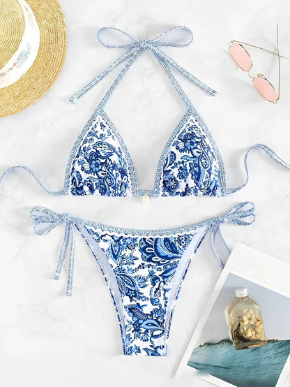 Dames Bikini Haltertop Zwart Nylon Twee Stuks Triangle Ontwerp Blauw