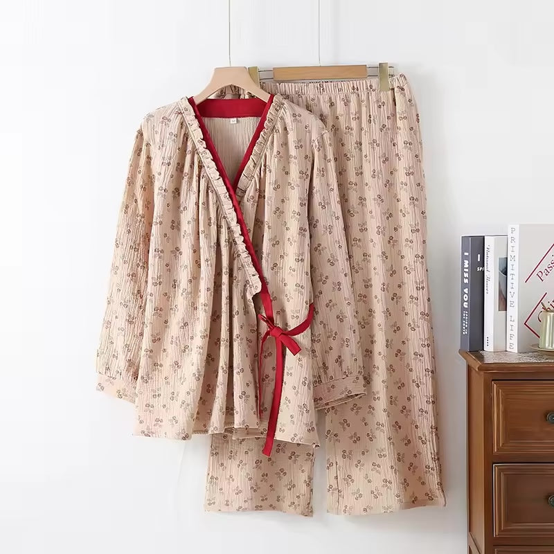 Kimono Plattelandsroos Katoenen Gazen Pyjama Set Beige