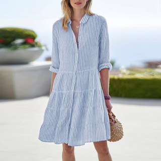 Dames Gestreept Zomerjurkje Met Driekwart Mouwen Mini Blauw