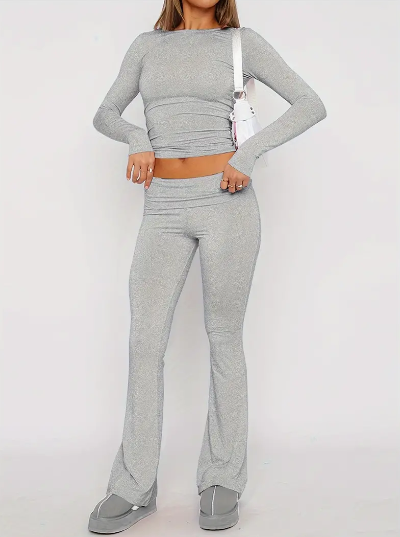 Chaveli - Comfortabele 2-Delige Flare Set Voor Dames Grijs