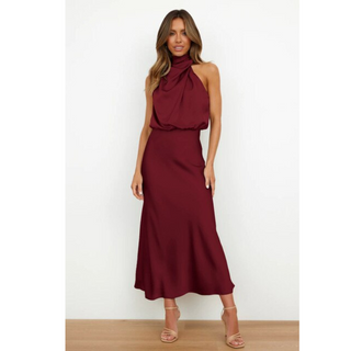 Velvet | Dames Avondjurk – Halter-design, Schitterende Look & Midi-lengte bordeauxrood