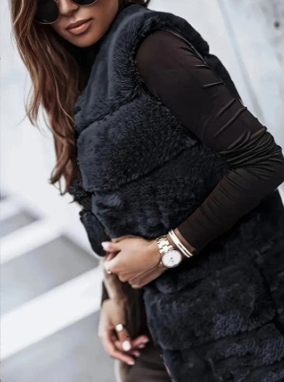 Dames Nepbont Lang Mouwloos Gilet Open Voorpand Laag