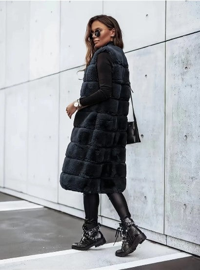 Dames Nepbont Lang Mouwloos Gilet Open Voorpand Laag