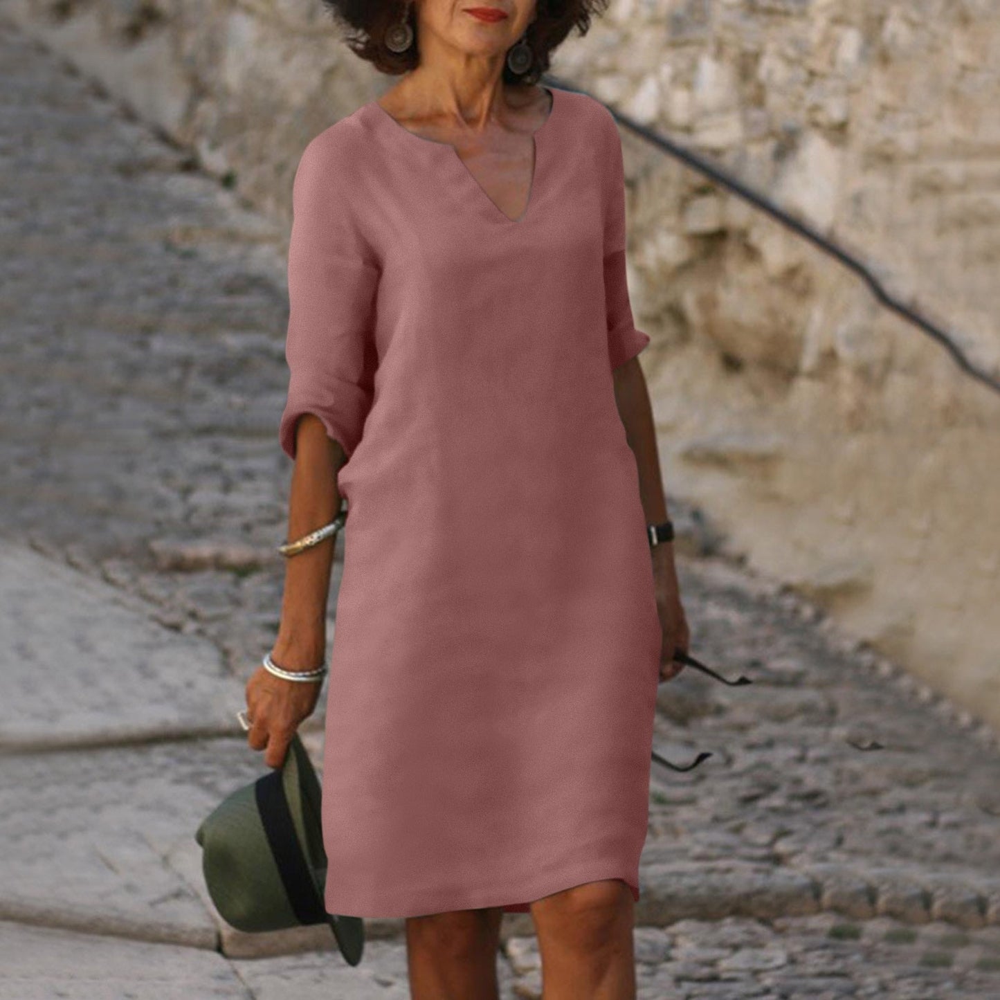 Zomerjurk Elegante Linnen Met V-Hals Midi Comfortabel Roze