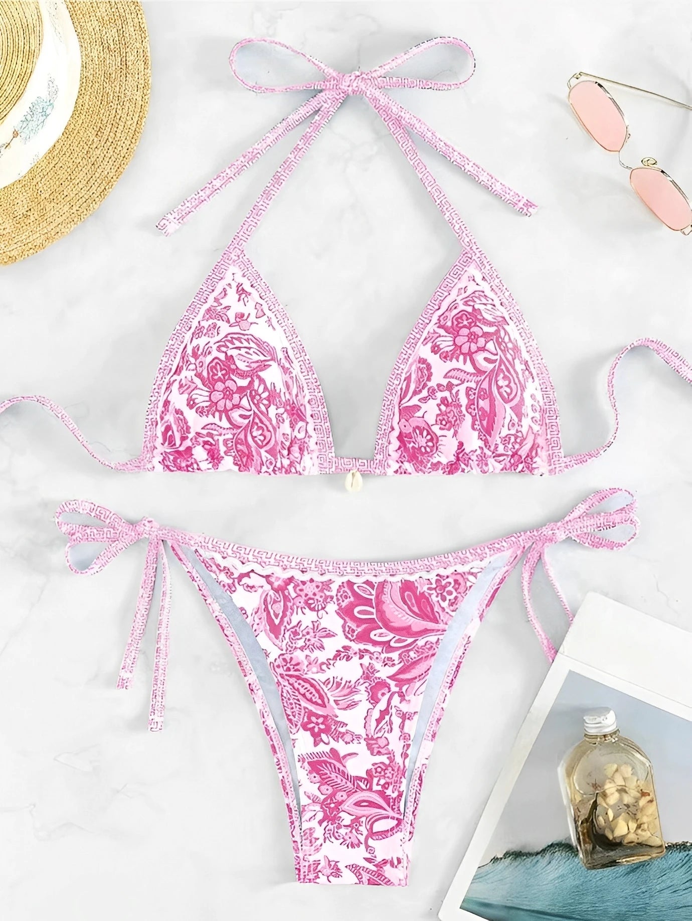 Dames Bikini Haltertop Zwart Nylon Twee Stuks Triangle Ontwerp Roze