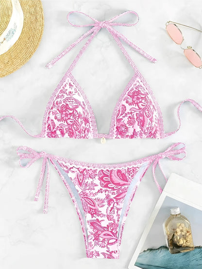 Dames Bikini Haltertop Zwart Nylon Twee Stuks Triangle Ontwerp Roze