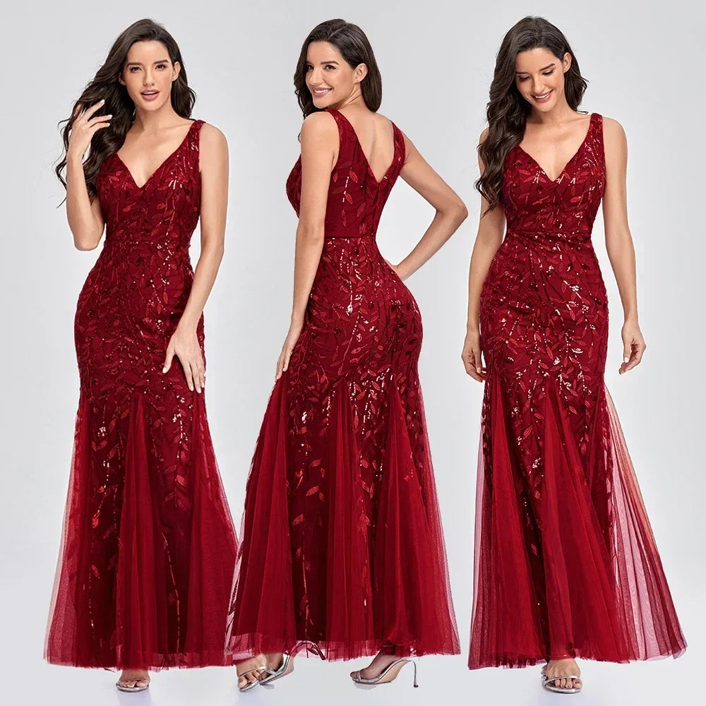 Dames Gala Avond Jurk V Neck Sequin Embellished Bourgondië