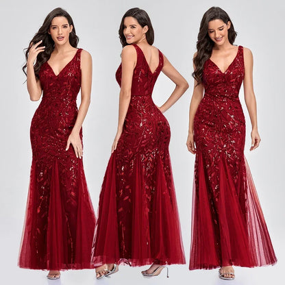 Dames Gala Avond Jurk V Neck Sequin Embellished Bourgondië