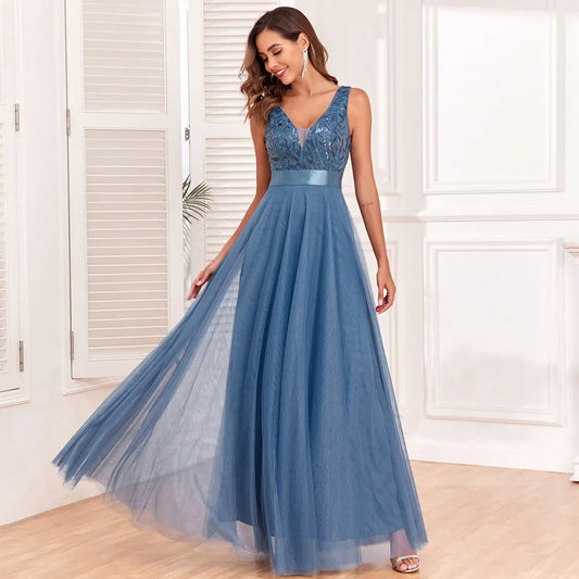 Gala Jurk Mouwloos V-Neck Embroidered Bodice Flowing Skirt