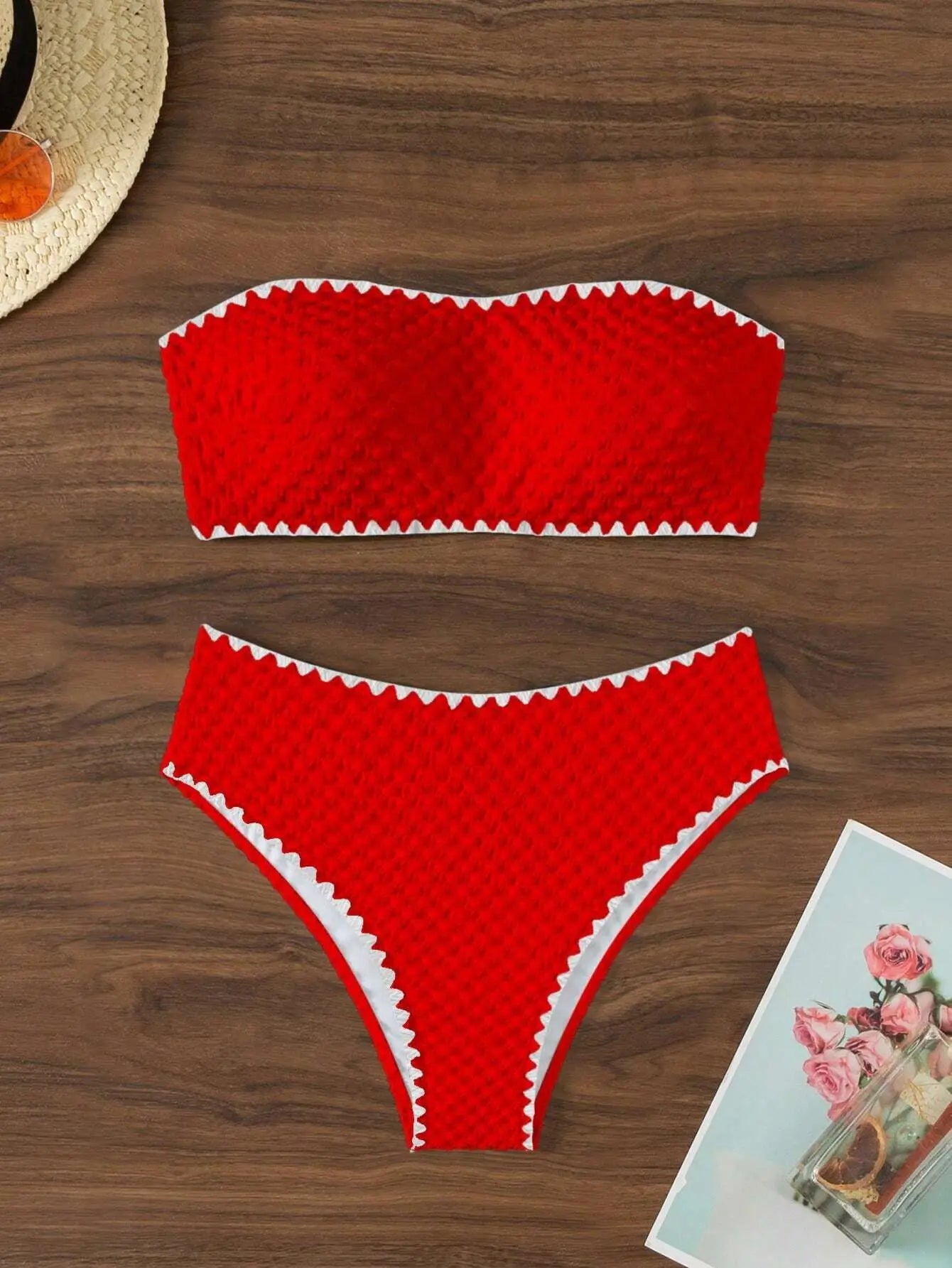 Dames Zomer Bikini Set Strapless Patchwork Polyamide Elastaan Rood