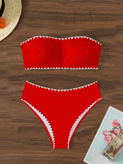Dames Zomer Bikini Set Strapless Patchwork Polyamide Elastaan Rood