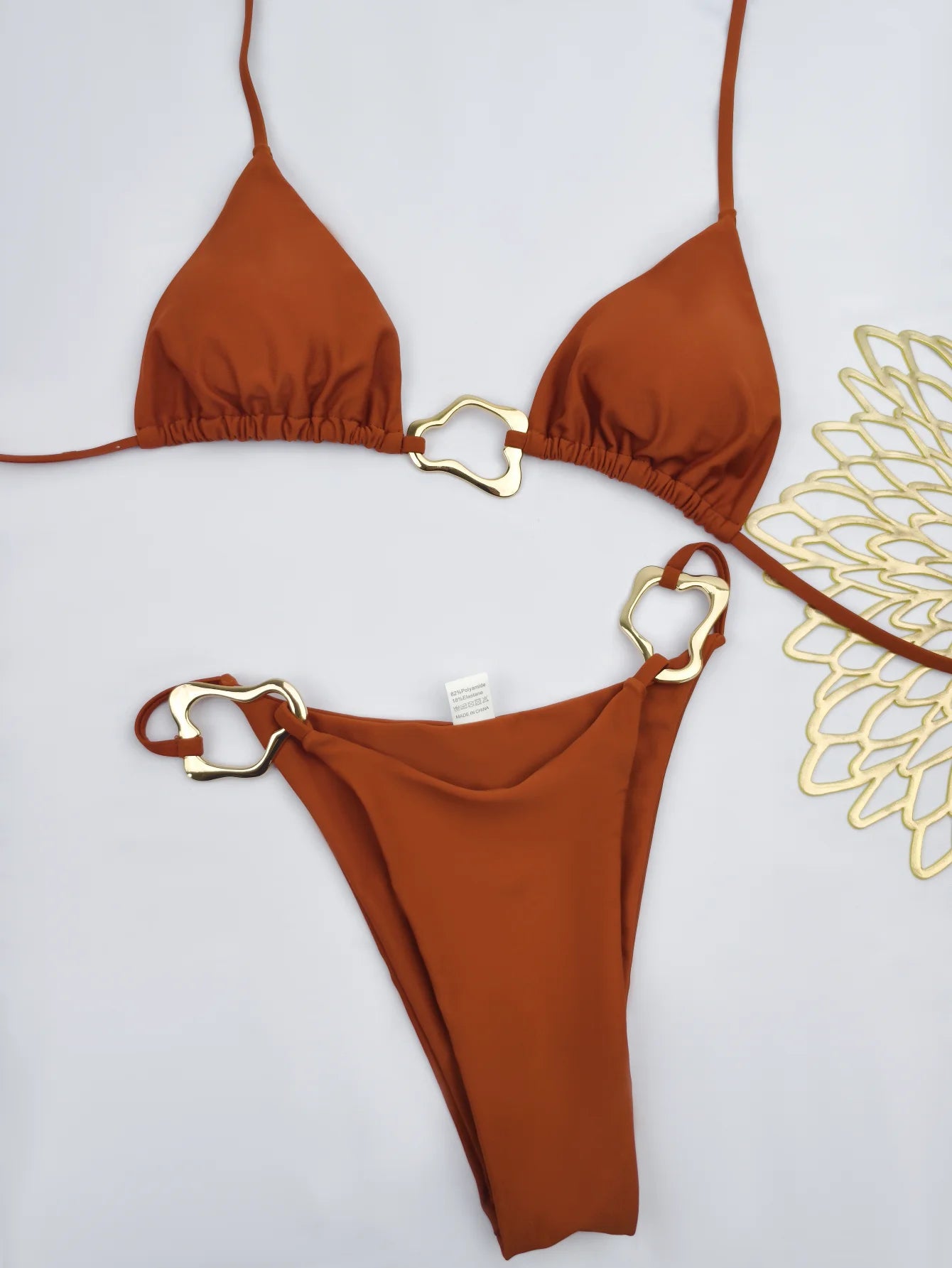 Dames Bikini Set Nylon Met Split En Veters Donker Oranje