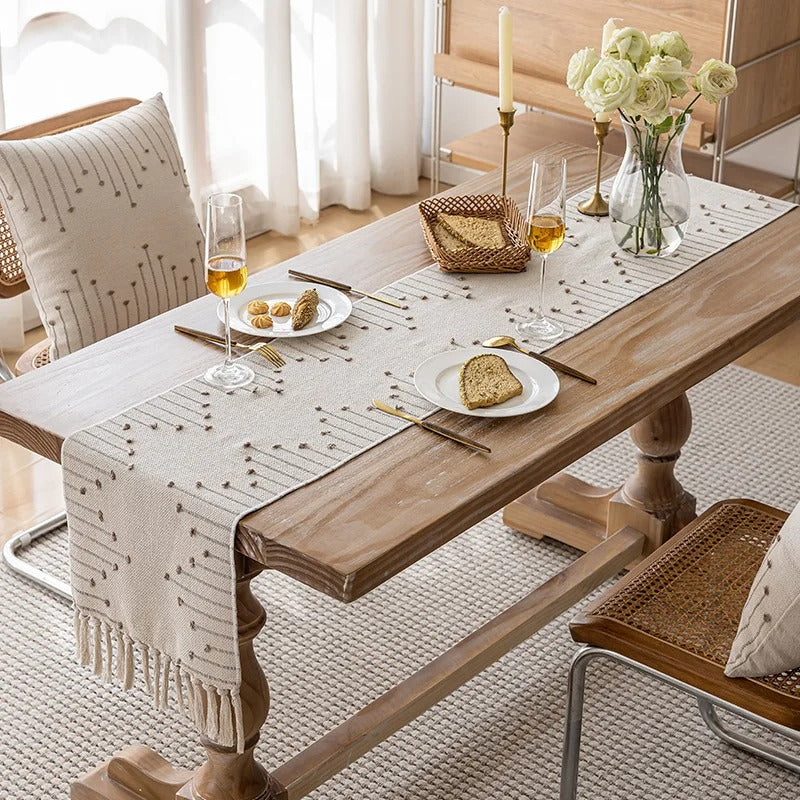 Tafelloper van Natuurlijk Katoen met Kwastjes en Strepen Khaki