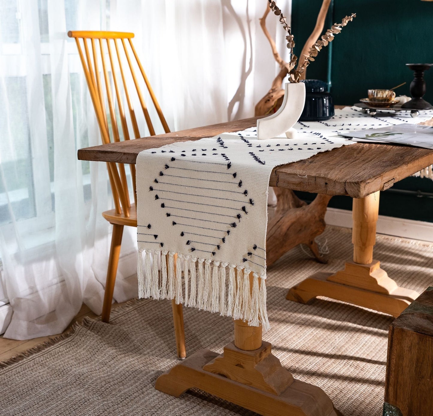 Tafelloper van Natuurlijk Katoen met Kwastjes en Strepen