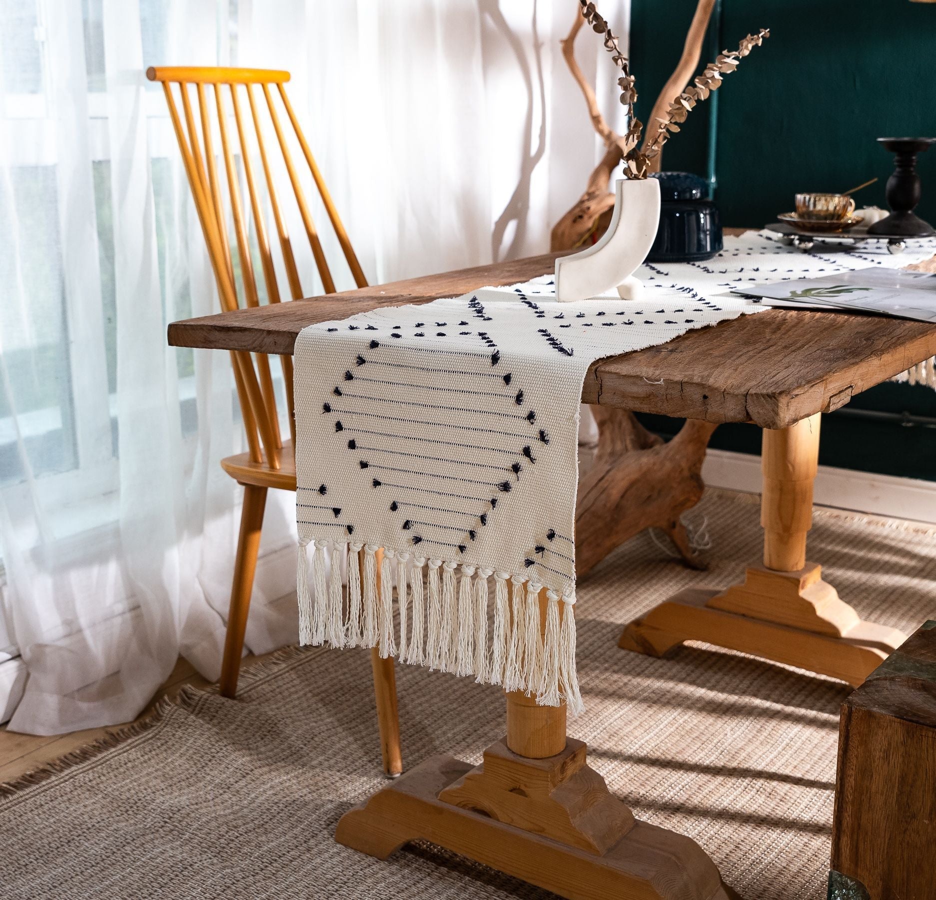 Tafelloper van Natuurlijk Katoen met Kwastjes en Strepen