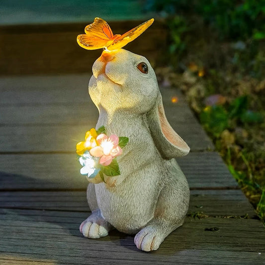 Tuinbeeld Konijn met LED Vlinderlicht Weerbestendige Decoratie