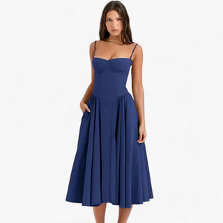 Vespera | Korsetjurk voor dames – Mouwloze midi-feestjurk met silhouetversterkend korset Marineblauw