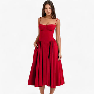 Vespera | Korsetjurk voor dames – Mouwloze midi-feestjurk met silhouetversterkend korset Rood