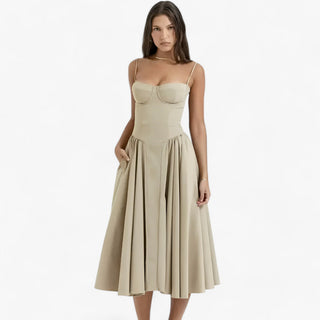 Vespera | Korsetjurk voor dames – Mouwloze midi-feestjurk met silhouetversterkend korset Kaki