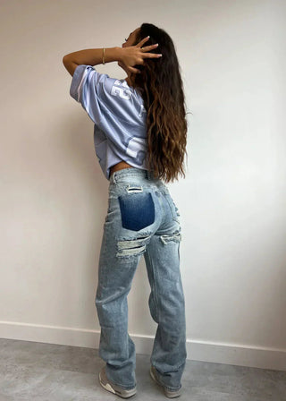 Luna | Vintage Ripped Jeans met Uniek Patchwork Detail Blauw