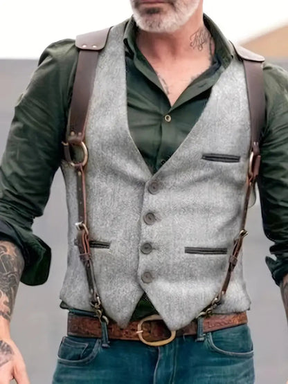 Vintage V-hals Vest Heren – Omkeerbaar Zwart, Lichtbruin, Lichtgrijs