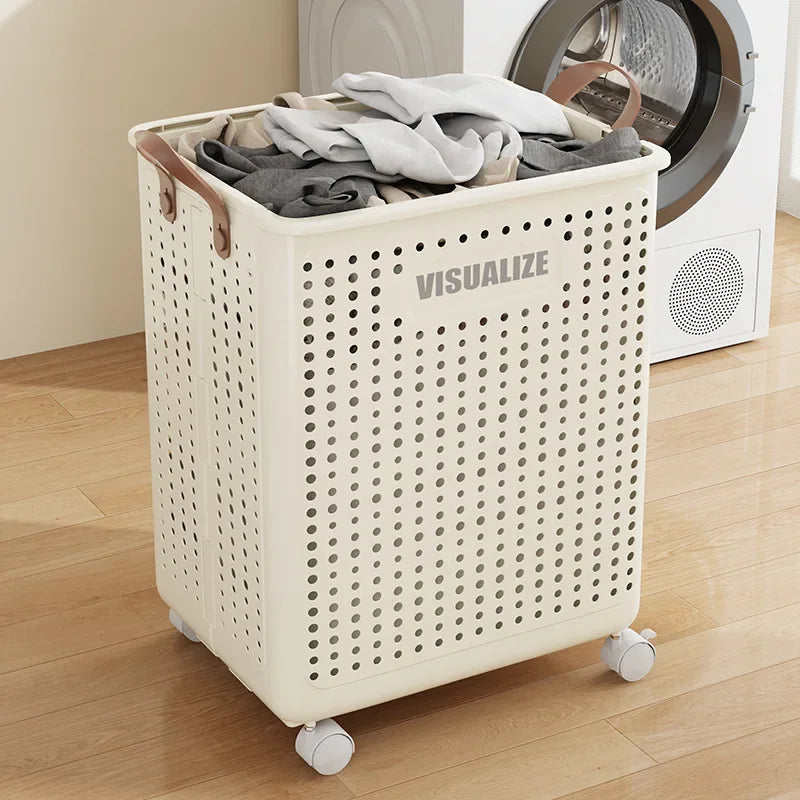 Vouwbare Wasmand Met Wielen Grote Capaciteit Voor Kleding Crème Wit-L
