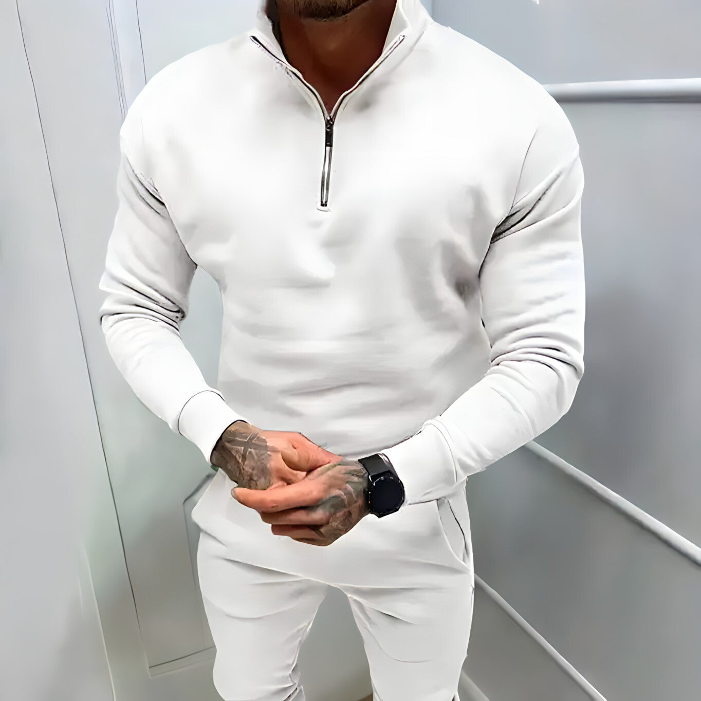 Heren Sweater Katoen Halve Rits Sweaters: Truien SEREIN Wit S