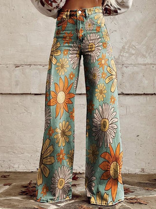 Amore | Kleurrijke vintage Viscose Broek met print Vintage groen