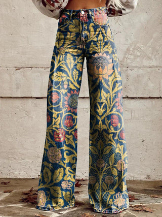 Amore | Kleurrijke vintage Viscose Broek met print Geel