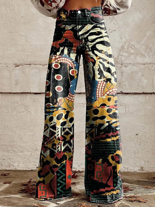 Amore | Kleurrijke vintage Viscose Broek met print Zwart