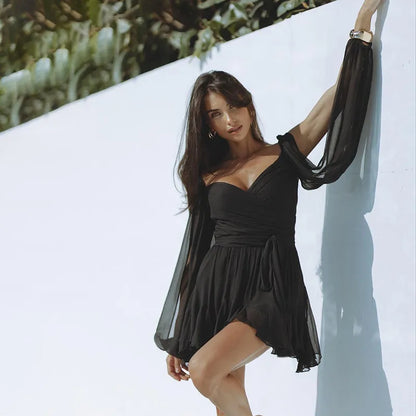 Dames Jurk - Diepe V-Hals - Lange Mouwen - A-Lijn Met Ruches - Elastische Taille