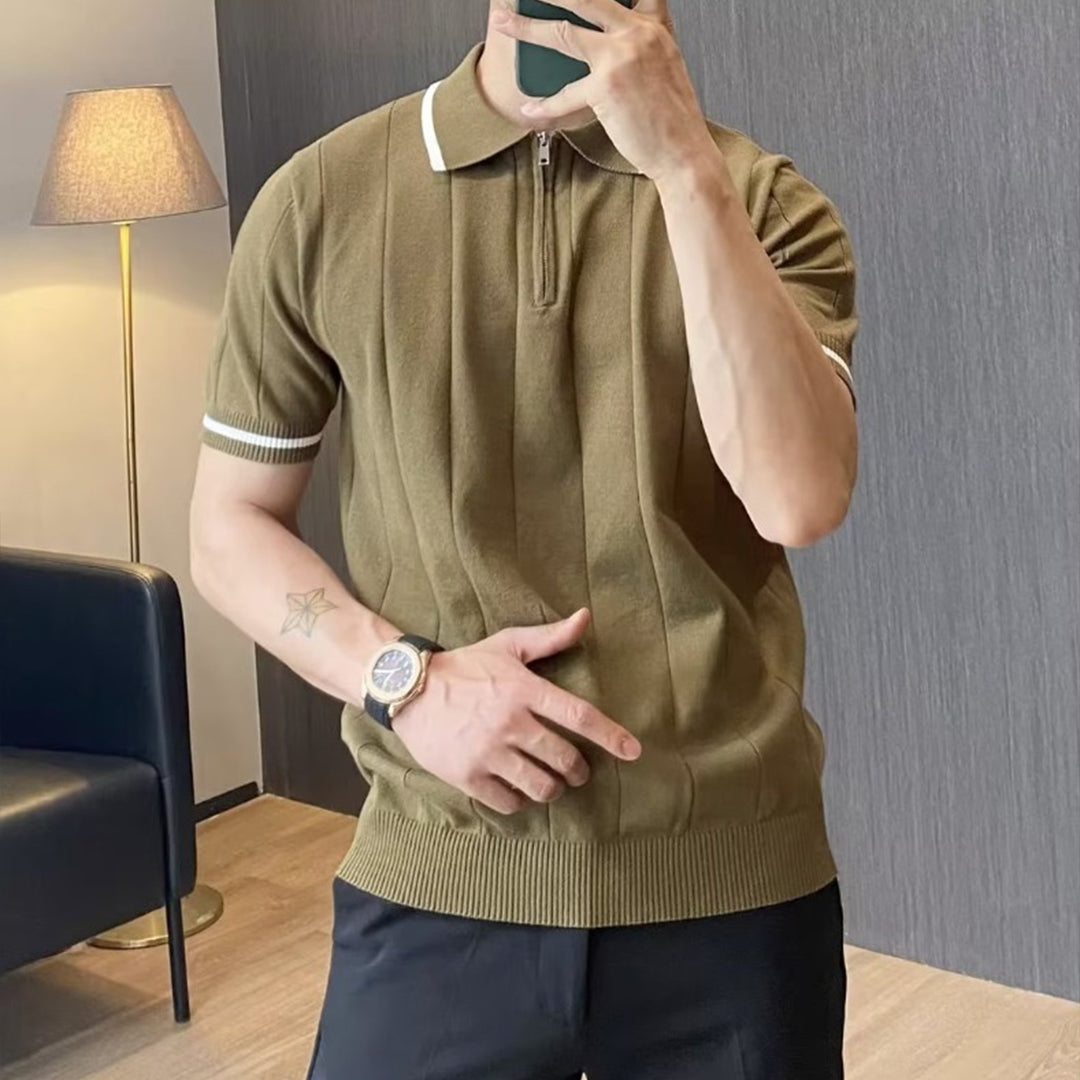 Heren Polo Shirt Gestreept Katoen - Lange Mouw Poloshirt Heren Polo Shirts SEREIN Groen S