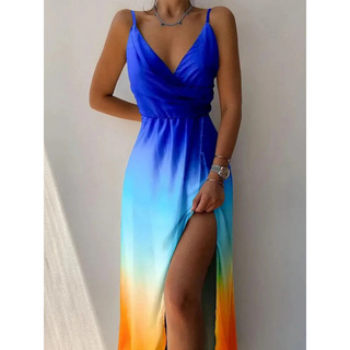 Isana | Dames Maxi-jurk – Overslagdesign & Spaghettibandjes blauw