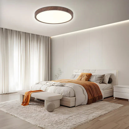 Ultradun Circulair Plafondlicht met Verstelbare LED Verlichting – Warm Walnootkleur, Modern Design voor Woonkamer en Slaapkamer