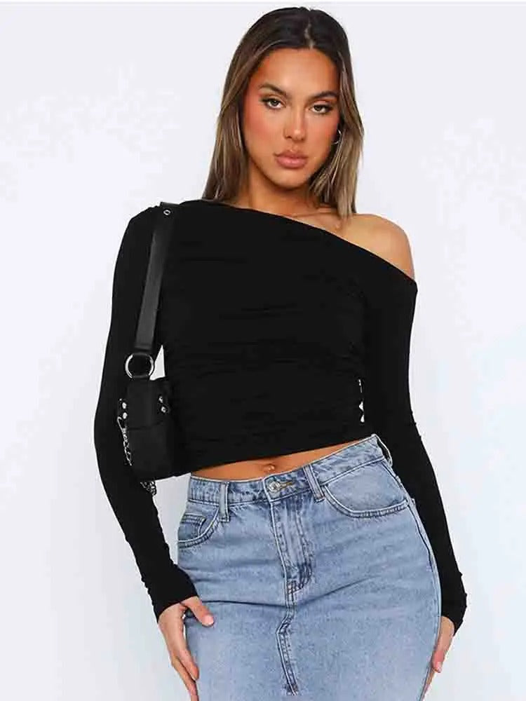 Mooie Zicht Off-Shoulder Lange Mouwen Top Tops SEREIN Zwart S