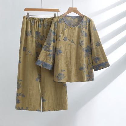 Bloemige Comfy Katoenen Ronde Hals Loungewear Set Geel