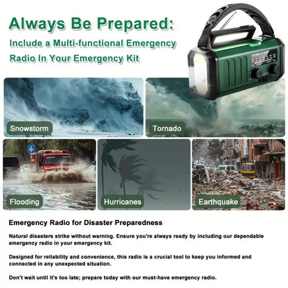 Pro Noodradio 10.000mAh – Zonne- & Handmatig Opladen, Weerradio, Zaklamp, SOS Alarm & Telefoonlader