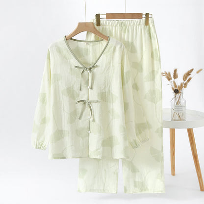 Ginkgo Blad Strik Katoenen Loungewear Set Lichtgroen