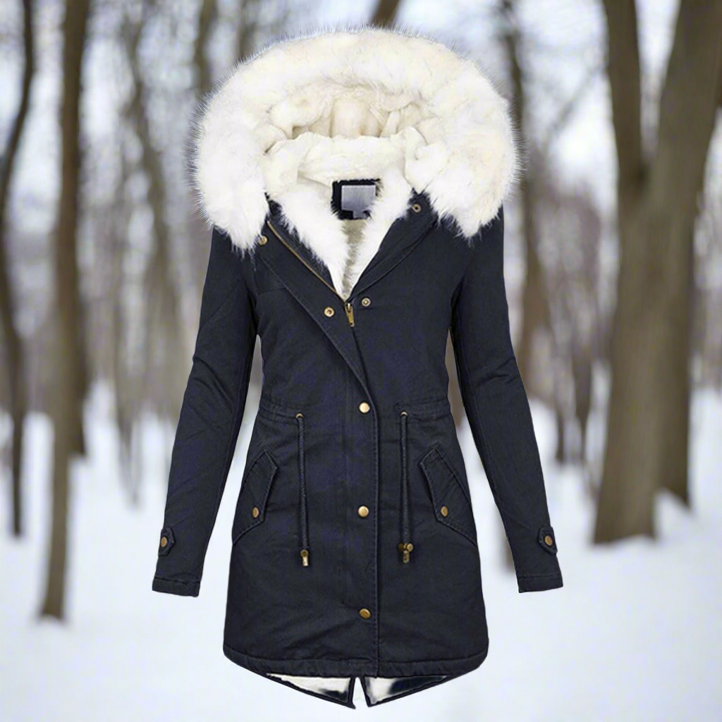 Dames Parka Winterjas Getailleerd Waterafstotend Lang Met Capuchon Marineblauw