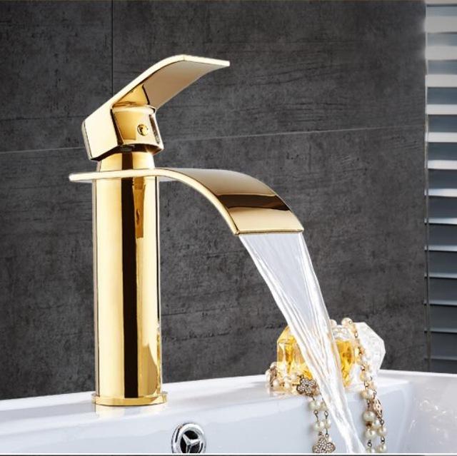 Luxe Messing Gouden en Witte Badkamerkraan met Enkele Handgreep - Moderne Waterval Design