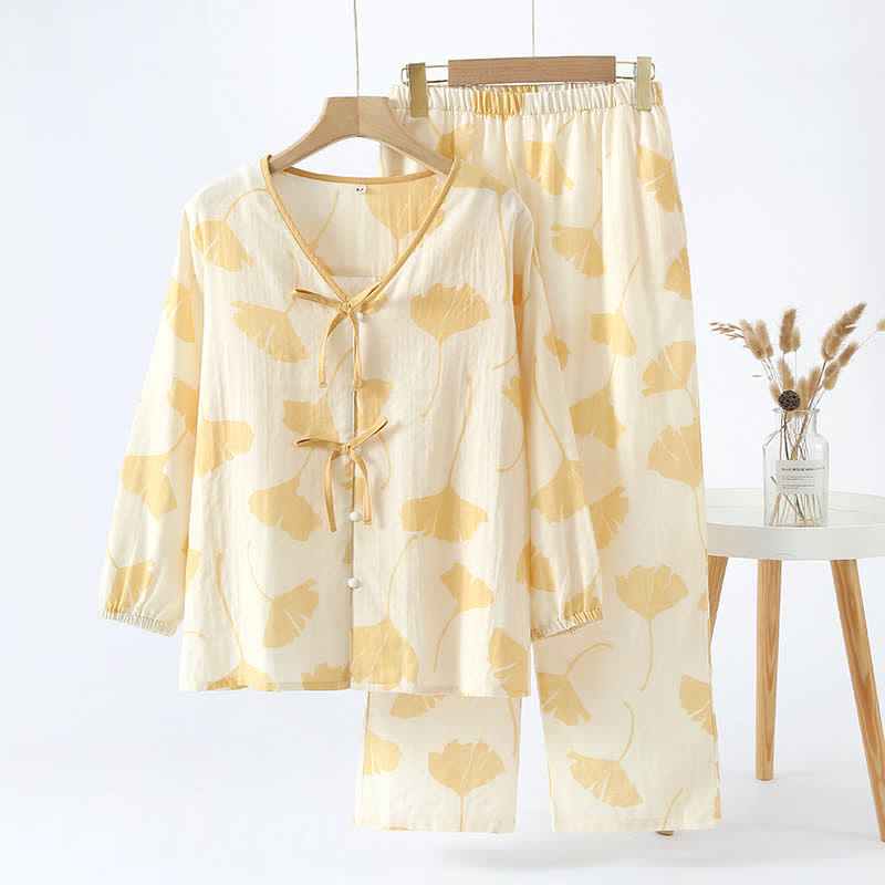Ginkgo Blad Strik Katoenen Loungewear Set Geel