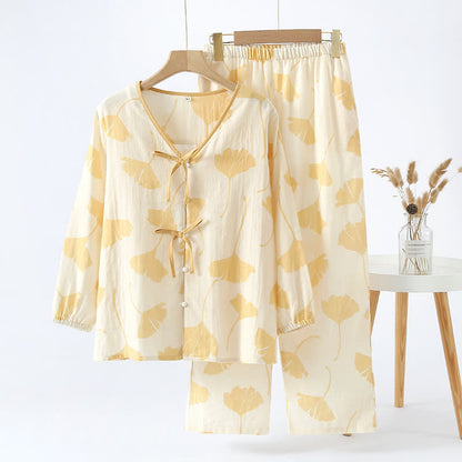 Ginkgo Blad Strik Katoenen Loungewear Set Geel