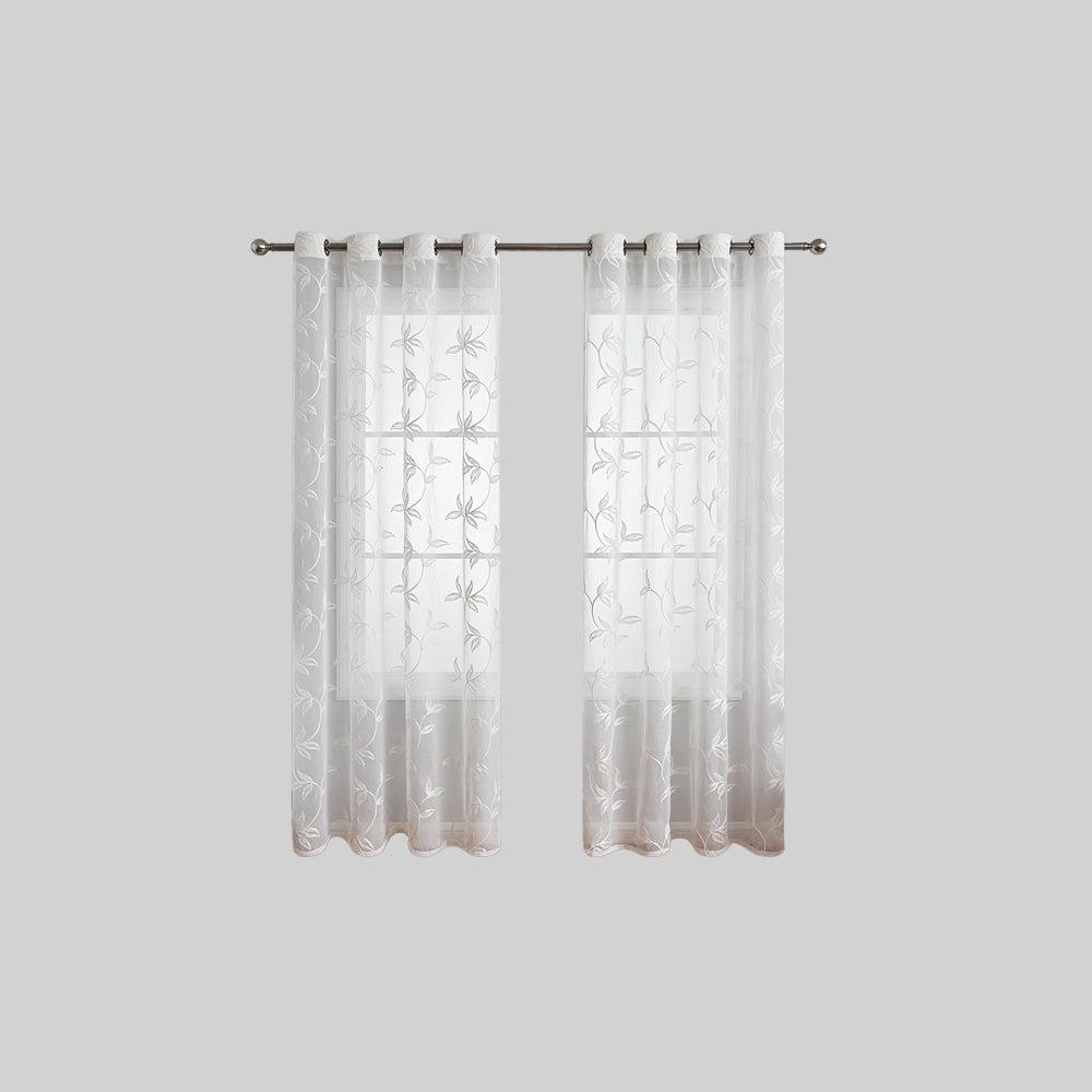 Polyester Gordijn met Bloem- en Bladmotief in Wit en Grijs - Lichtdoorlatende Raamdecoratie voor Moderne Interieurs