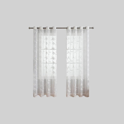 Polyester Gordijn met Bloem- en Bladmotief in Wit en Grijs - Lichtdoorlatende Raamdecoratie voor Moderne Interieurs