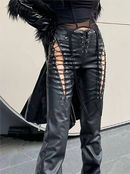 Zwarte Dames Broek PU Leer met Uitsparingen - Trendy Reguliere Pasvorm