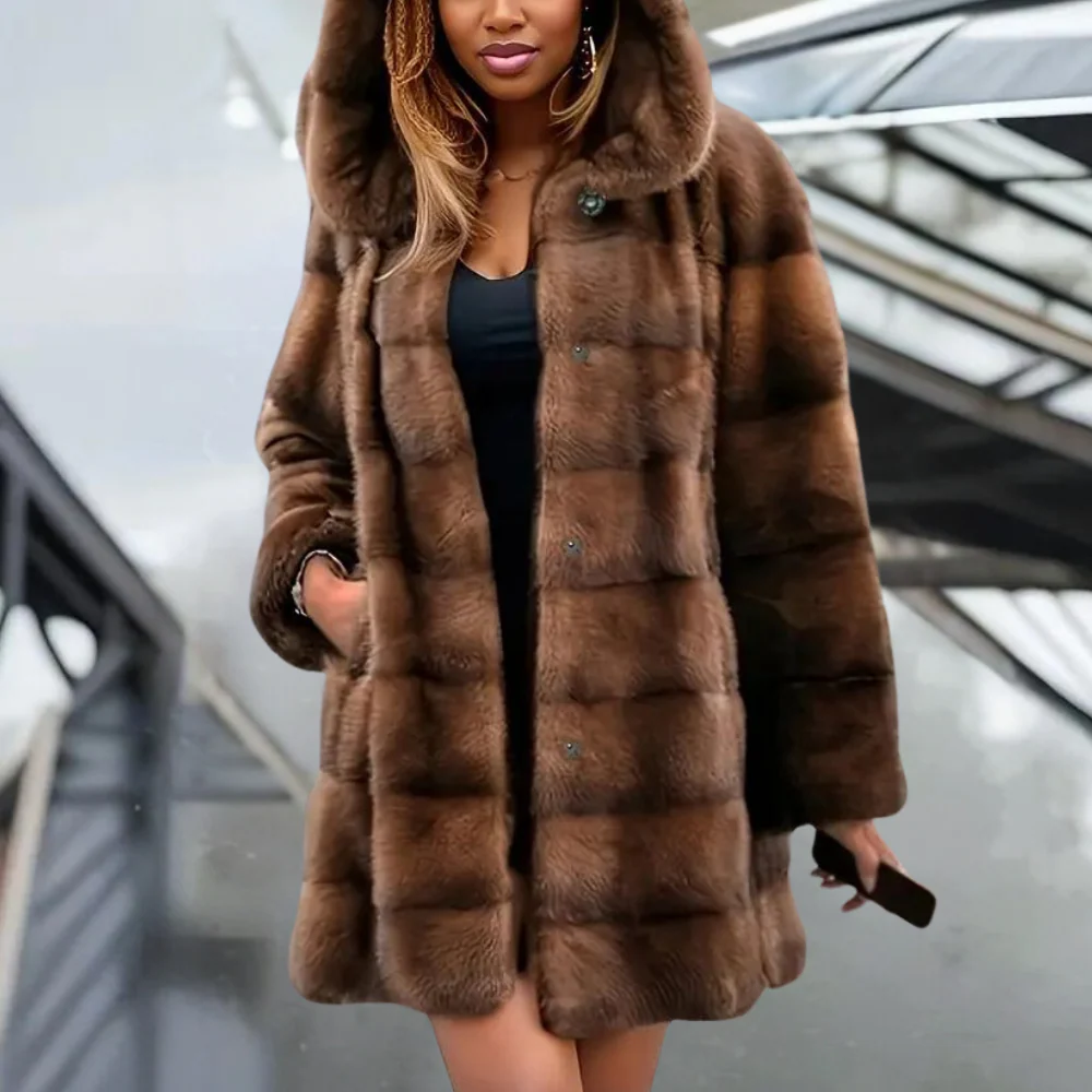 Trenchcoat Faux Fur Hooded Relaxed Fit Mid-Thigh Length Bruin